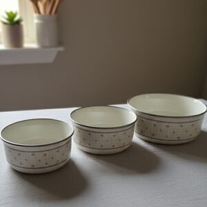 Set of Three Vintage Cream and Pink Floral Enamel Mixing Bowls